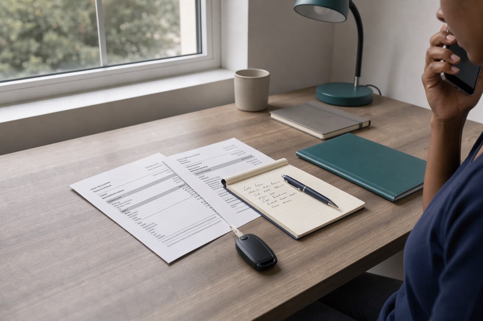 Arbeitsplatz mit Kostenvoranschlag, Notizen und Fahrzeugunterlagen während eines Telefonats